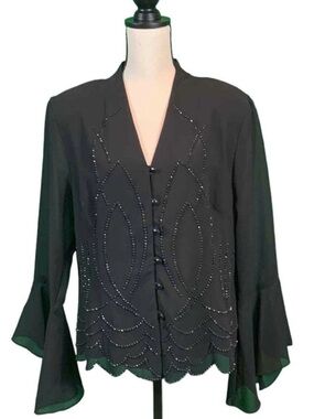 J.R. Nights Caliendo Black Flutter Sleeves Beaded Blouse Top SZ L Worn 1X